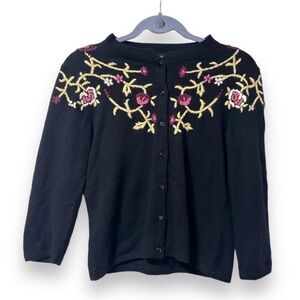 Vintage Context Black Floral Embroidered Knit Cardigan Size Medium P Cottagecore
